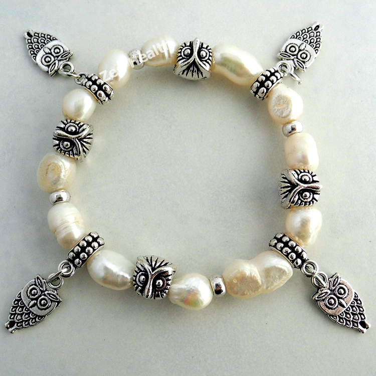 White Natural Freshwater Pearl Owl Charm Bracelet