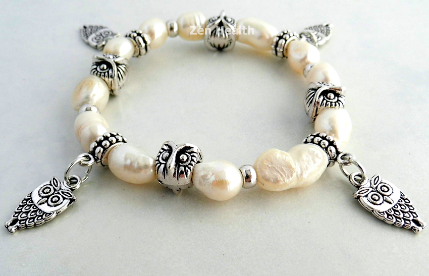 White Natural Freshwater Pearl Owl Charm Bracelet