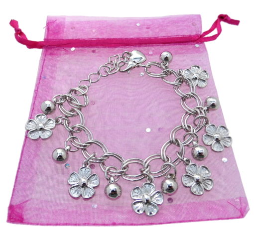 Silver Tone Flower Charms Bracelet - Girls / Ladies Gift