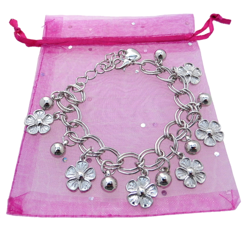 Silver Tone Flower Charms Bracelet - Girls / Ladies Gift