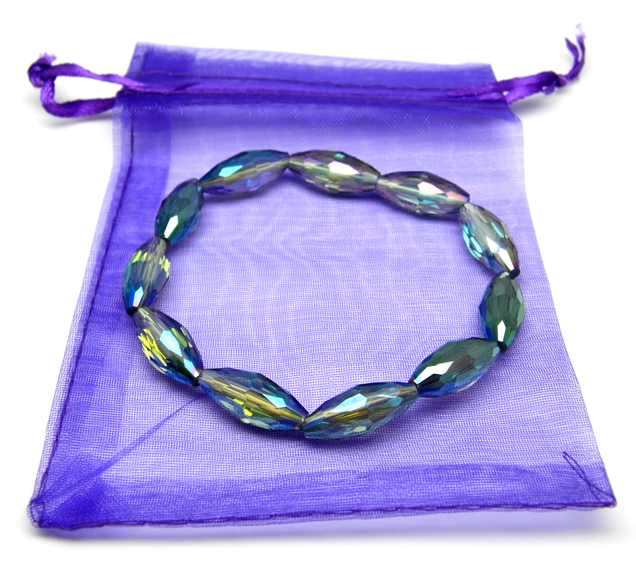Ladies Faceted Glass Bead Stretchable Bracelet Blue, Purple and Turquoise