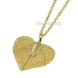 Ladies Gold Tone Leaf Pendant With Long 24