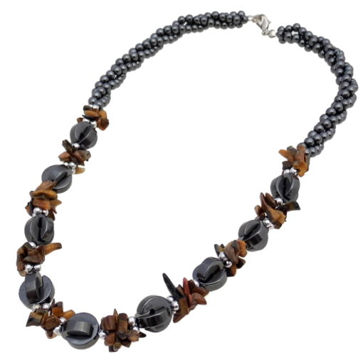 Hematite and Tigers Eye Gemstone Choker Necklace With Chipped Stones