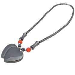 Hematite Double Heart Beaded Necklace - Pendant 18”