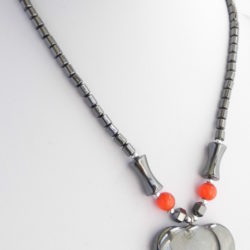 Hematite Double Heart Beaded Necklace -  Pendant 18”