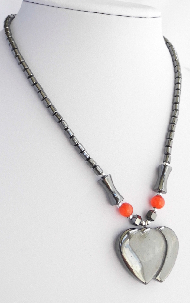 Hematite Double Heart Beaded Necklace - Pendant 18”
