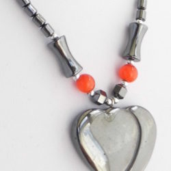 Hematite Double Heart Beaded Necklace -  Pendant 18”