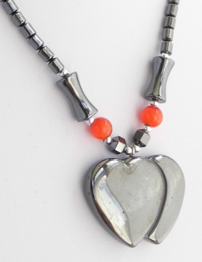 Hematite Double Heart Beaded Necklace - Pendant 18”
