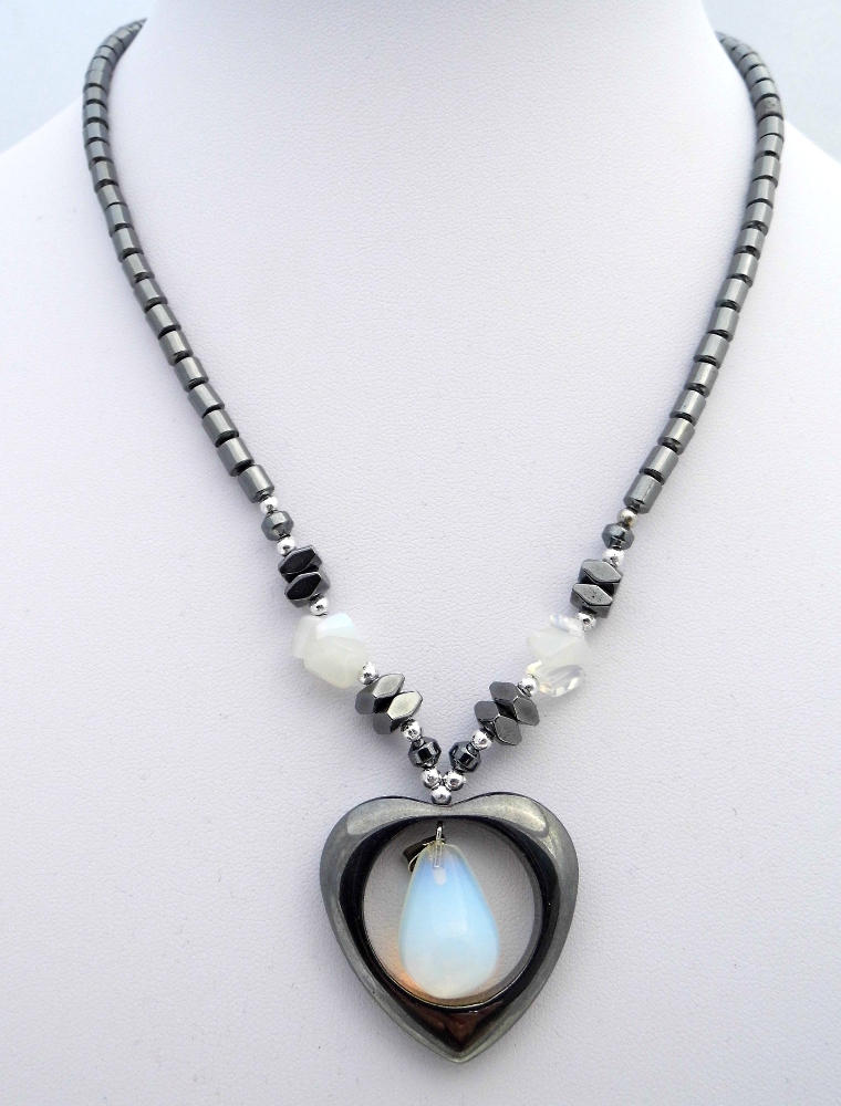 Hematite Heart Pendant With Opalite Drop Stone