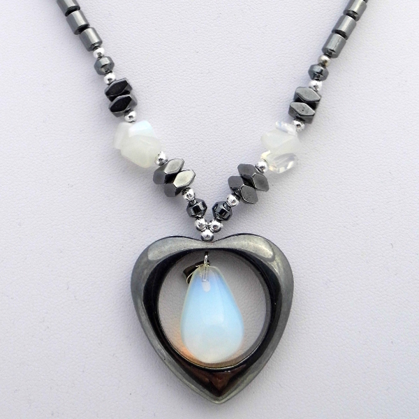 Hematite Heart Pendant With Opalite Drop Stone