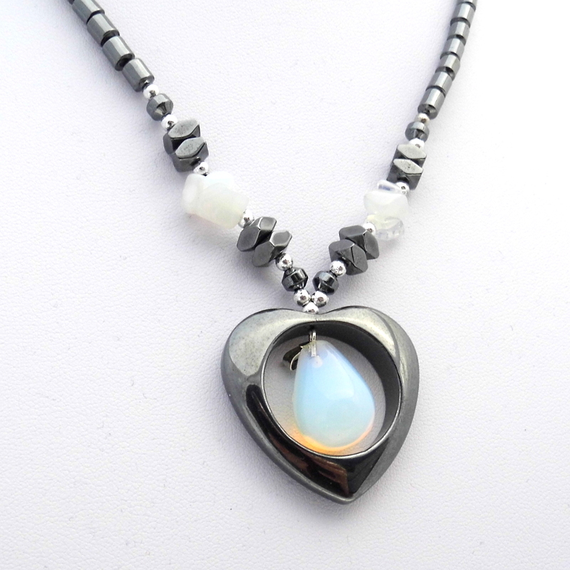 Hematite Heart Pendant With Opalite Drop Stone