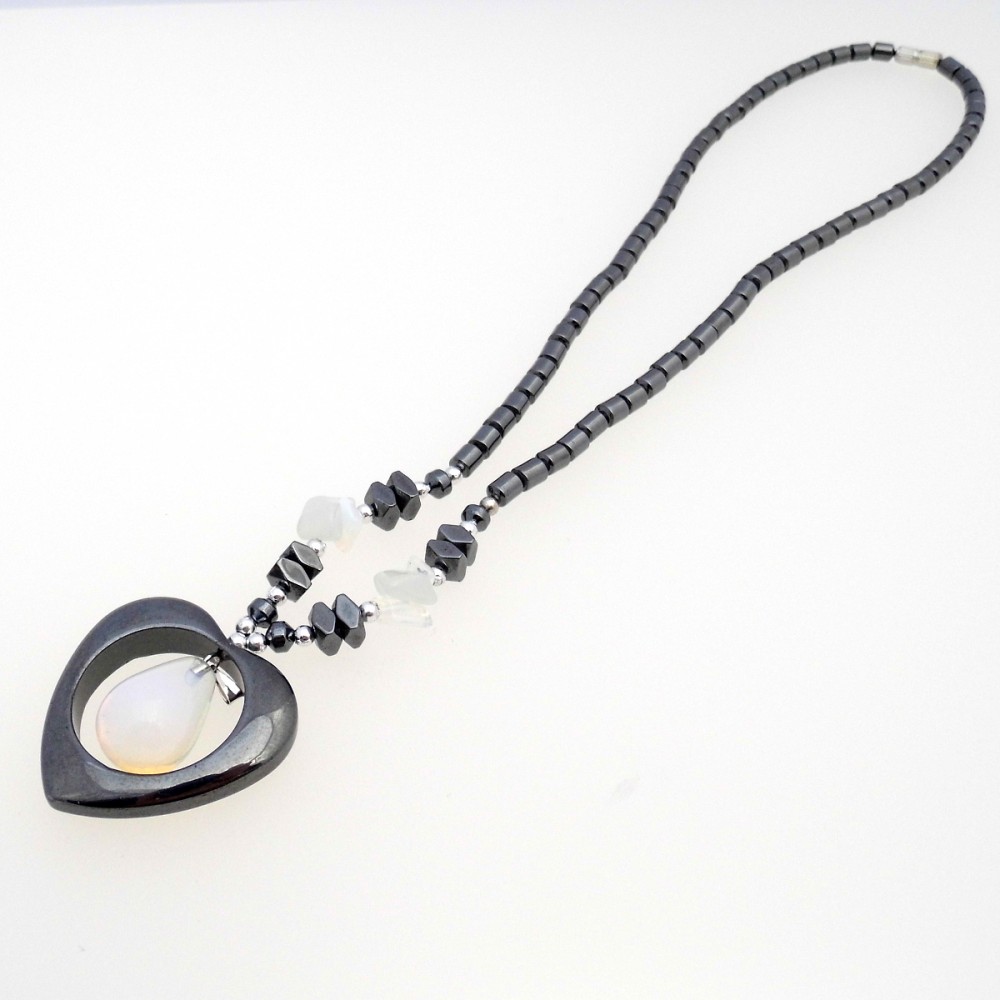 Hematite Heart Pendant With Opalite Drop Stone